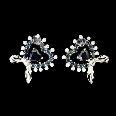 925 Sterling Silver Earrings Heart Black Sapphire Pearl Natural GemstoneBird  Je - Image 1 of 4