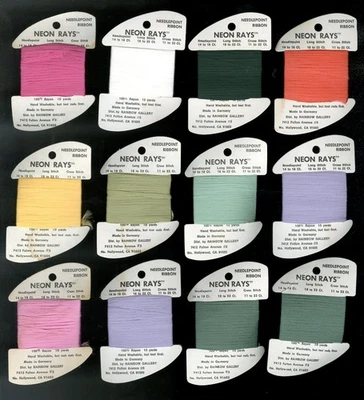 12x NEON RAYS NEEDLEPOINT RIBBON 100% Rayon RAINBOW GALLERY 10yds. ea.  X-Stitch - Image 1 of 2
