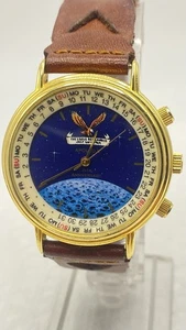 Reloj Apollo ll Hombre 25th Ann Dorado Acero Inoxidable Cuero Marrón WR Día Fecha Funciona - Imagen 1 de 20