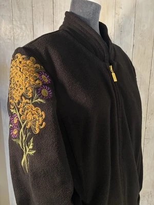 Bob Mackie Fleece Jacket Size L Black Floral Embroidered Zip Up Art To Wear - Image 1 of 4