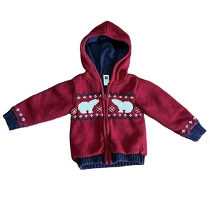Gap Infant Sweater Jacket Sz 18-24 Mo Zip up Red Navy Polar Bear Hoodie 90s Y2K - Picture 1 of 8