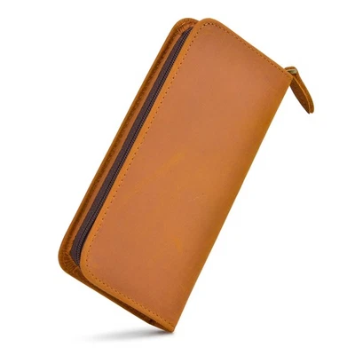 3 Slots Vintage Handmade Crazy Horse Leather Fountain Rollerball Pen Case,Yellow - Image 1 of 4