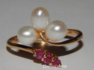 14K SOLID YELLOW GOLD  PEARL & RUBY BYPASS WRAP RING SIZE 7.5 - Image 1 of 4