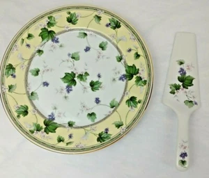 Vintage Andrea By Sadek Porcelain Cake Plate And Server 10.5" Yellow Border NEW - Picture 1 of 7
