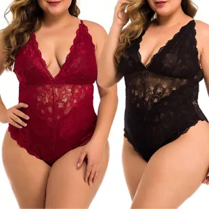 Plus Size Women's Babydoll Sexy One Piece Pajamas Lingerie Hollow Lace Bodysuit - Picture 1 of 35