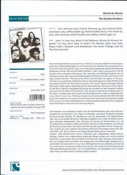 The Doobie Brothers Minute By Minute TEST PRESSING 180g Speakers Corner 1 of 30 - Image 1 of 1