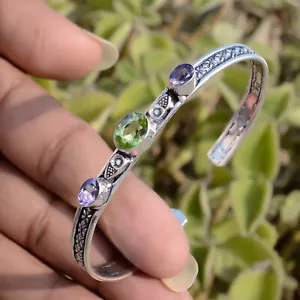 Green Peridot, Amethyst Gemstone Bracelet 925 Sterling Silver Latest Man's Cuff - Picture 1 of 8