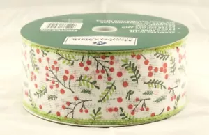 Holly Berry Branches White Linen Wide Wired Ribbon 50 yards NEW christmas winter - Picture 1 of 2