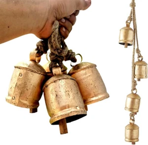 Harmony 4 Cow Bells Cluster on Rope Large Rustic Vintage Lucky Cow Bells On Rope - Picture 1 of 6