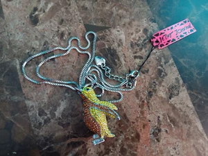 Betsey Johnson penguin yellow & amber rhinestones necklace & brooch combo NEW - Picture 1 of 13