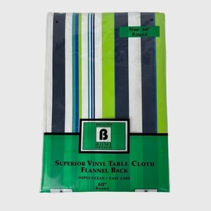 Vinyl Green Blue Tablecloth 60" Round Party Picnic Flannel Back Easy Care - Picture 1 of 7