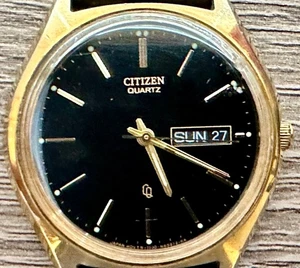 Vintage Citizen Quarzuhr Herren Tag/Datum neues Lederband & Batterie schwarzes Ziffernblatt - Bild 1 von 9