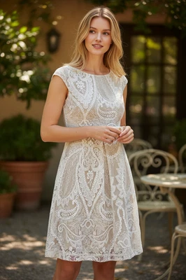 Liz Claiborne Women's Shift Dress  Size 6  Ivory Floral Lace Overlay  Cap Sleeve - Image 1 of 4