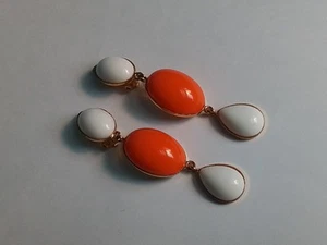 Philippe Ferrandis Clip On Dangle Earrings, France, Orange White Acrylic Cabs - Picture 1 of 3