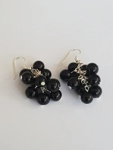 Silver Plated Black Pearl Cluster Earrings Drop/Dangle - Picture 1 of 2