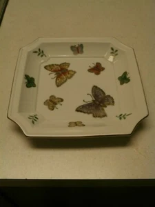 RARE ANTIQUE PORCELAIN HAND PAINTED BUTTERFLIES PLATE GOLD TRIM SQUARE - Picture 1 of 8