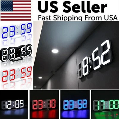 Digital 3D LED Big Wall Desk Alarm Clock Snooze 12/24 Hours Auto Brightness USB - Image 1 of 4