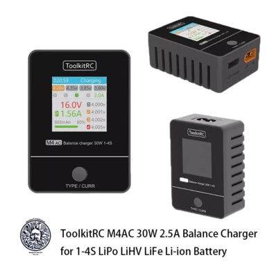ToolkitRC M4AC 30W 2.5A Balance Charger for 1-4S LiPo LiHV LiFe Li-ion Battery - Image 1 of 4