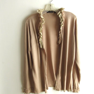 Cardigã suéter feminino Pamela Dennis tamanho grande babado romântico seda/cashmere - Imagem 1 de 4