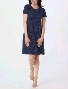 Isaac Mizrahi Short Sleeve Swing Dress with Pockets, Petite, Navy Multi, Size M - Picture 1 of 7