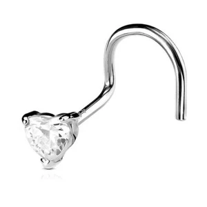Nose Screw Ring with Prong Set CZ Centered Heart 14Kt Solid White Gold 20 Gauge - Picture 1 of 3