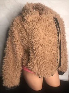 Favlux Fashion Women Brown Fuzzy / Dark Denim Trim Zipper Jacket Sz Small NWOT - Picture 1 of 12