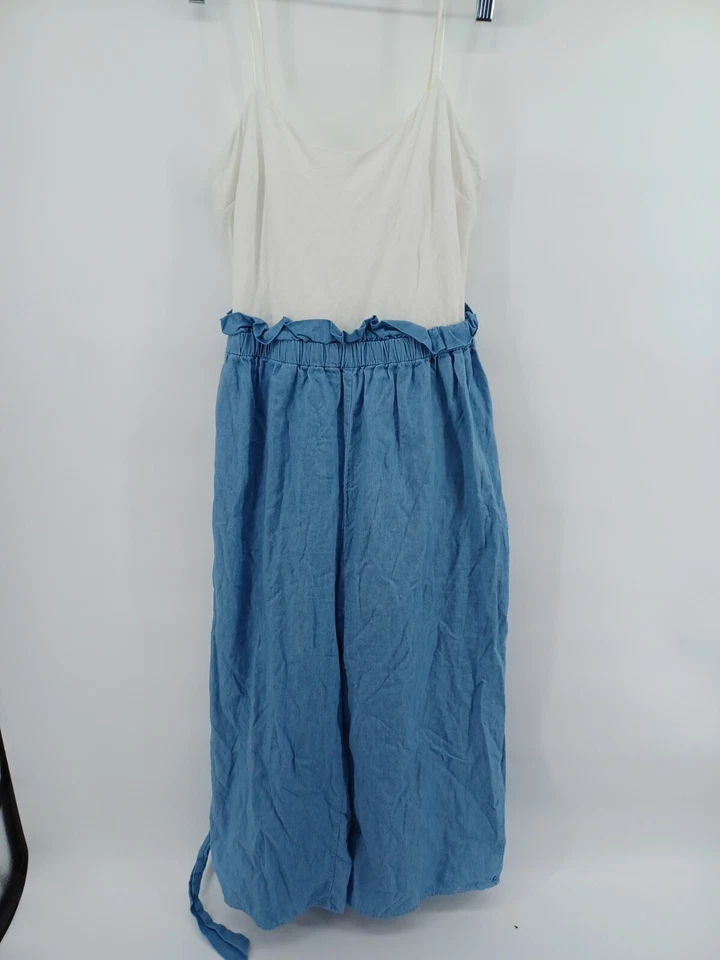 Macacão feminino Sage pernas largas tamanho grande azul branco amarrar costas  - Imagem 1 de 4