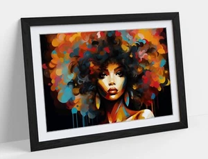 BLACK LADY WITH RAINBOW AFRO PAINTING -FRAMED WALL ART POSTER PAPER PRINT - Picture 1 of 10