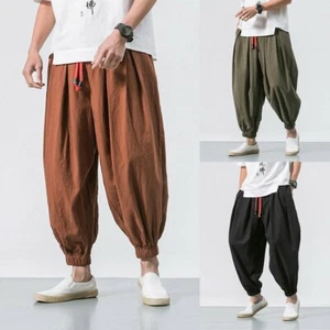 Mens Linen Loose Baggy Harem Pants Elastic Waist Tapered Trousers Joggers Casual - Picture 1 of 15