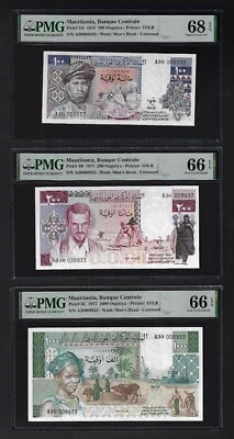 Mauritania 100-200-1000 Ouguiya 1975/1977 P3A-B-C "S/N 0008933" UNC Grade 68/66 - Image 1 of 2