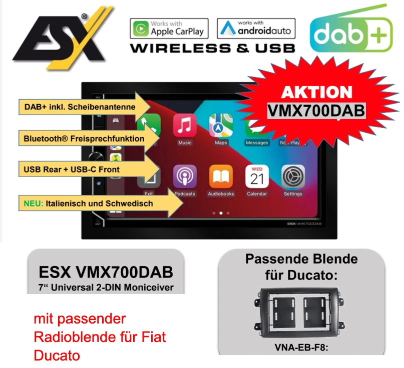 ESX VISION VMX700DAB 2-DIN Moniceiver autoradio con mascherina radio per Fiat...
