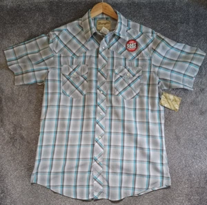 Mens Wrangler Western Fashion Snap Shirt Blue Grey Size L Pearl Short Sleeve - Picture 1 of 8