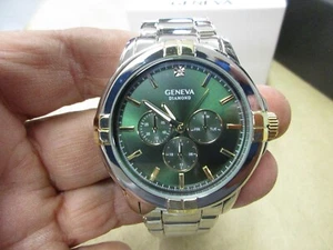 New Old Stock Geneva Diamond Faux Chrono Men's Quartz Watch Silver & Gold Tone - Picture 1 of 3