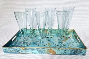 Set of 6 Pale Green Art Deco Etched Trumpet Glasses, Hand Blown, Matching Tray - Picture 1 of 12
