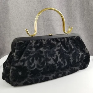Bolsos Emperatriz Vintage Años 50 EE. UU. Negro Terciopelo Brocado Cartera Doble Mango Dorado - Imagen 1 de 10
