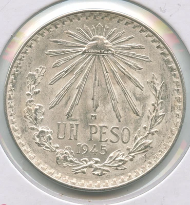 Moneda de plata de 1 peso de México 1945 720 BU moneda sin circular - RK167 Foto 1 de 2