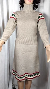 VTG Bargello Tan Nordic Wool Blend Knit Sweater Skirt Set 80s -SEE PHOTOS & DESC - Picture 1 of 22