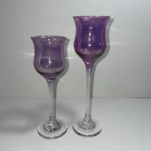 EUC PARTYLITE ROYAL LUSTRE 2 PC PURPLE GLASS STEM CANDLE HOLDERS 7" PAIR - Picture 1 of 6