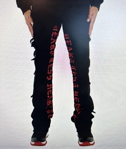 FOCUS Black Distressed Heartless Stacked Spellout Slim Taper Denim Jeans sz 30 - Picture 1 of 8