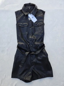 7 For All Mankind Faux Leather Romper Black Size XS Belted Collared Pockets - Picture 1 of 9