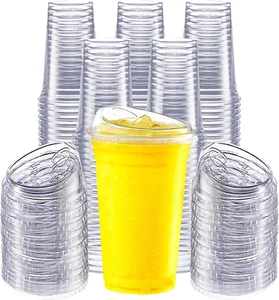100 Pack 24 Oz Clear Plastic Cups with Strawless Sip-Lids, Disposable Cold Drink - Picture 1 of 7