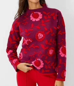 NEW ANN TAYLOR PINK PURPLE RED PETITE FLORAL JACQUARD MOCK NECK SWEATER XSP XS - Picture 1 of 7