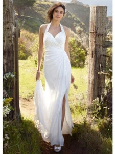 David's Bridal Wedding Dress WG3482 White 10 Chiffon Halter High Slit Sexy Mod - Picture 1 of 12