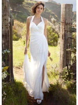 David's Bridal Wedding Dress WG3482 White 10 Chiffon Halter High Slit Sexy Mod - Image 1 of 4