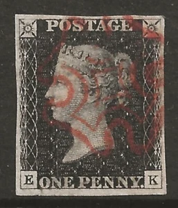 GB 1840 1d Penny (grau) schwarz (Platte #5) sehr schön gebraucht, frisch, 4 Ränder & MX - Bild 1 von 2