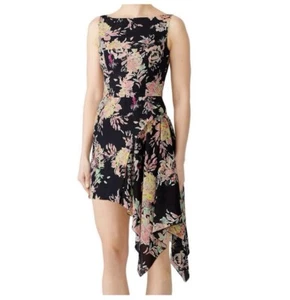 EMANUEL UNGARO Rose Fondo Nero Floral Ruffle  Handkerchief Mini Dress Size 40/10 - Picture 1 of 14