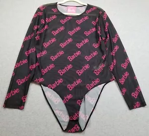 Forever 21 Barbie Bodysuit Womens 2X Plus Black Pink Logo Long Sleeve Sheer Top - Picture 1 of 12