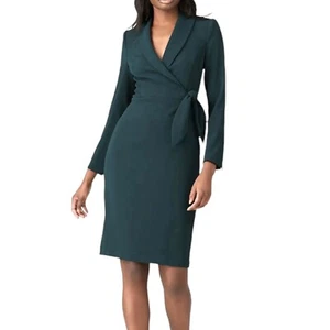 Badgley Mischka Faux Wrap Tuxedo Dress Womens 10 Kelly Green Long Sleeve Formal - Picture 1 of 17
