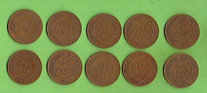 TEN 1919 AUSTRALIAN CIRCLE DESIGN PENNY COINS - Bild 1 von 2