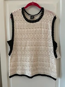 Chaleco Suéter Bobeau Para Mujer XL BOHO Crochet Crema con Borde Negro - Imagen 1 de 9